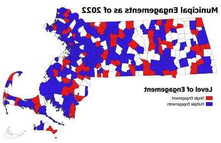 马萨诸塞州的地图，描绘了柯林斯中心在2022年工作的地方，用不同颜色的深浅表示.